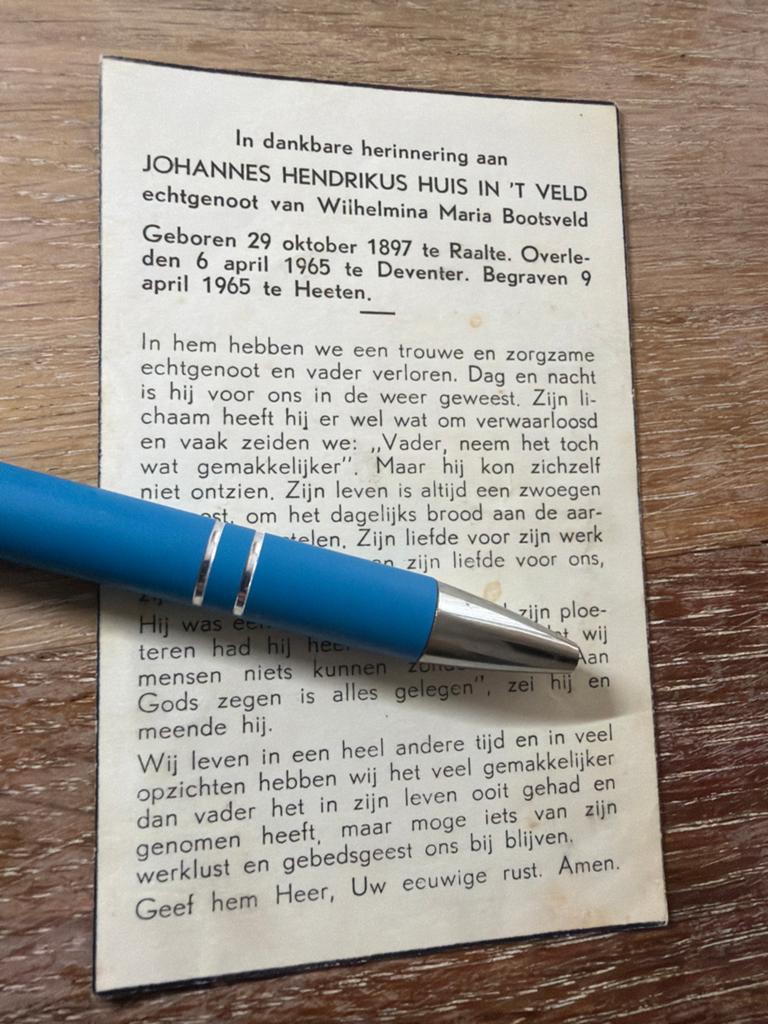 Huis t veld Johannes Raalte 1965 Deventer Heeten x Bootsveld, Ophalen of Verzenden, Bidprentje