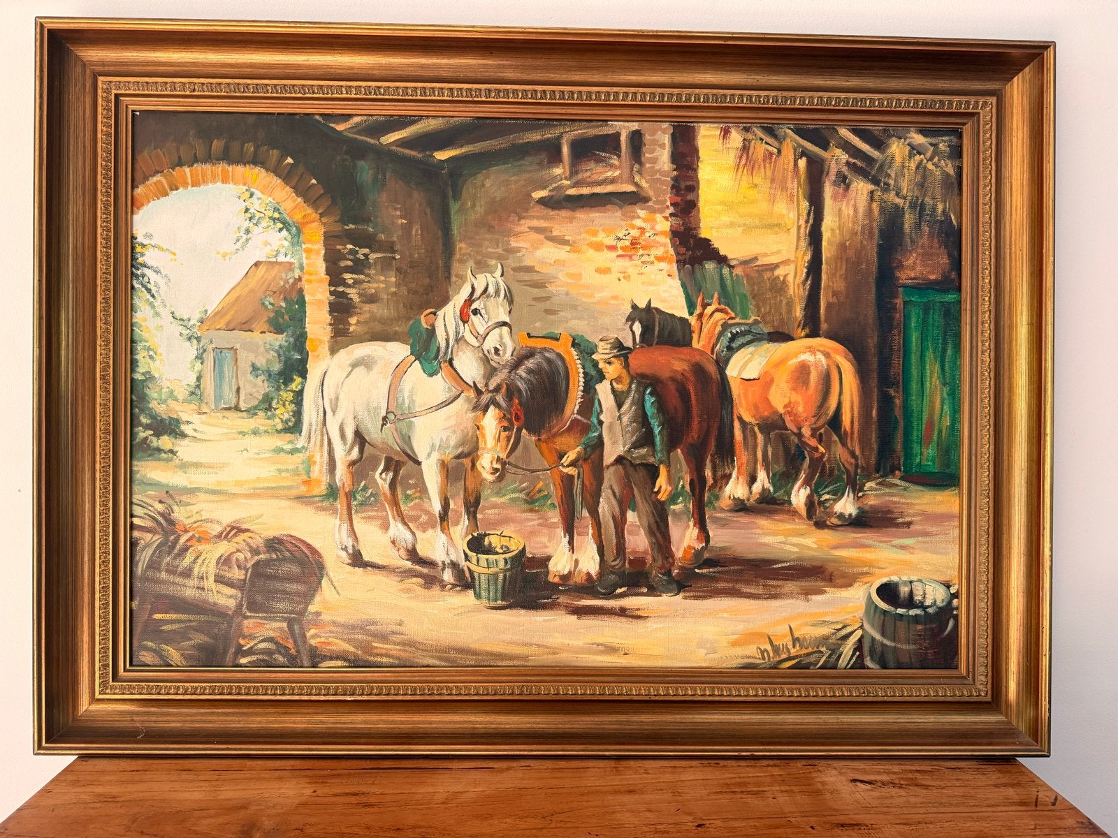 Groot gesigneerd olieverfschilderij: Stalpaarden 106x76cm, Ophalen, Doek, Dieren, Gesigneerd