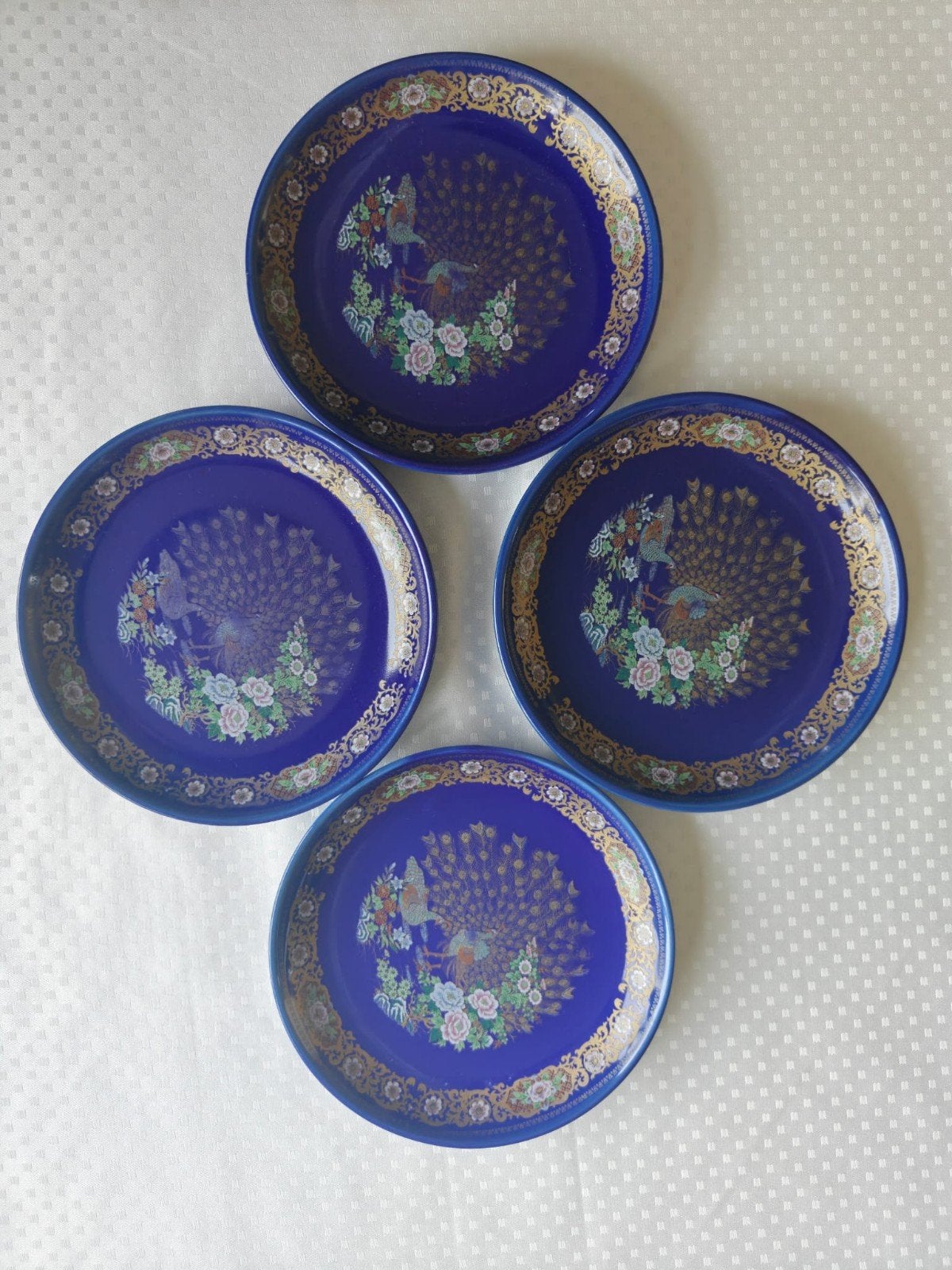 4 vintage Taous bordjes met pauw – kobaltblauw & goud – 15 c, Huis en Inrichting, Gebruikt, Overige merken, Keramiek, Vintage
