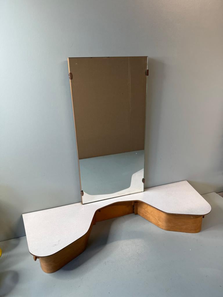 Vintage Kaptafel met Spiegel en Gele Lades - Hout & Wit, Antiek en Kunst, Antiek | Spiegels, Ophalen, 50 tot 100 cm, Minder dan 100 cm
