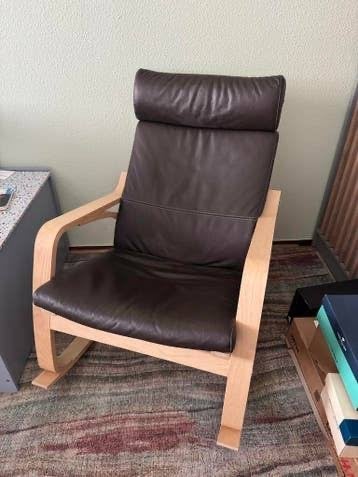 2x IKEA Poäng fauteuil - Bruin leer en berkenhout, Ophalen, Gebruikt, Twee, Bruin