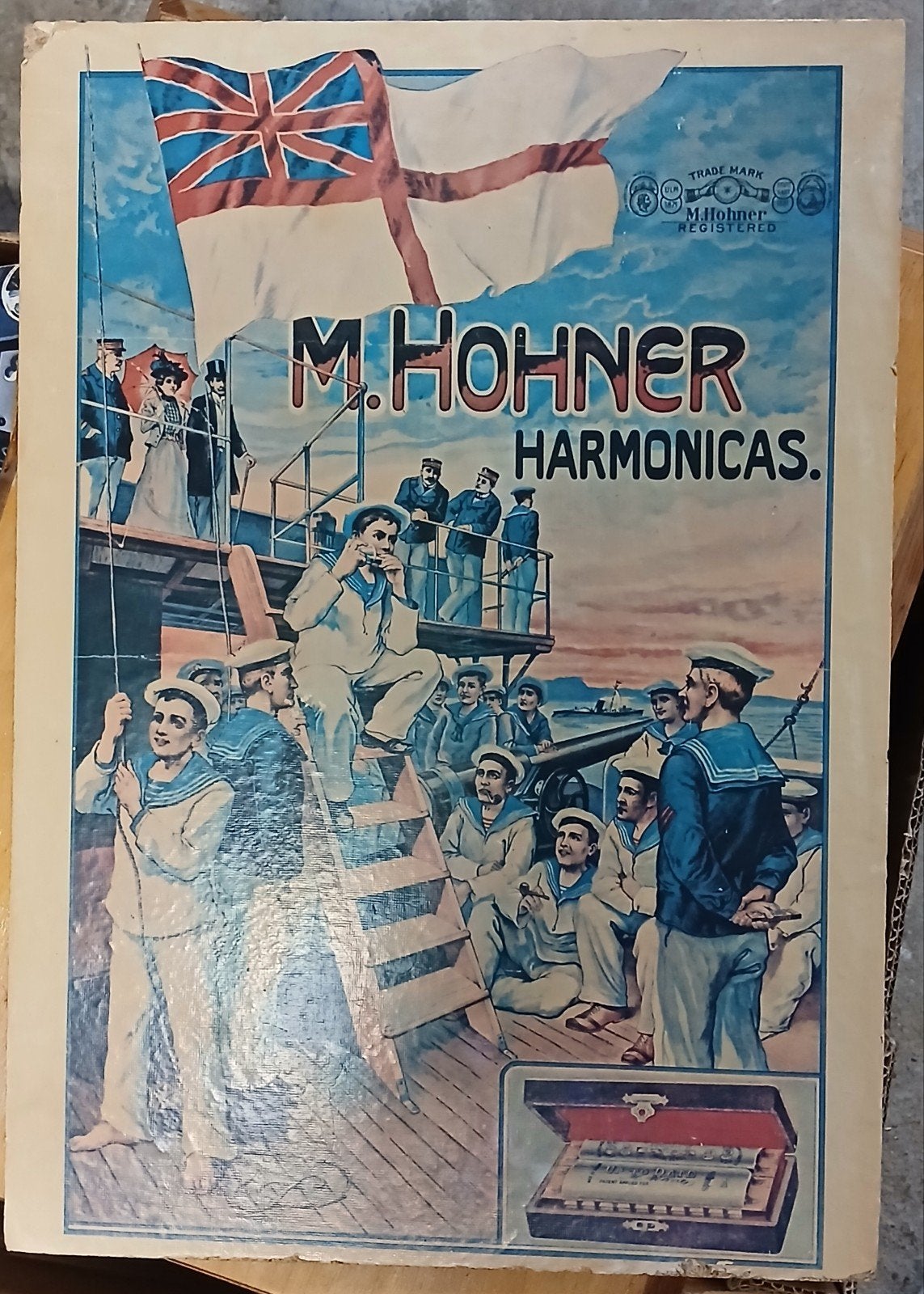 Vintage M. Hohner Harmonicas reclame op hardboard 25x40 cm, Ophalen of Verzenden, Voor 1940, Gebruikt