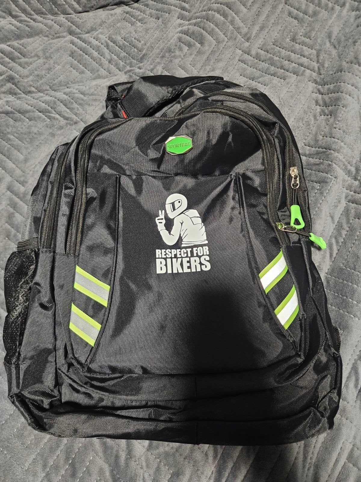 Zwarte rugzak met 'Respect for Bikers' opdruk, Sieraden, Tassen en Uiterlijk, Ophalen of Verzenden, Gebruikt, 25 tot 40 cm, Overige merken