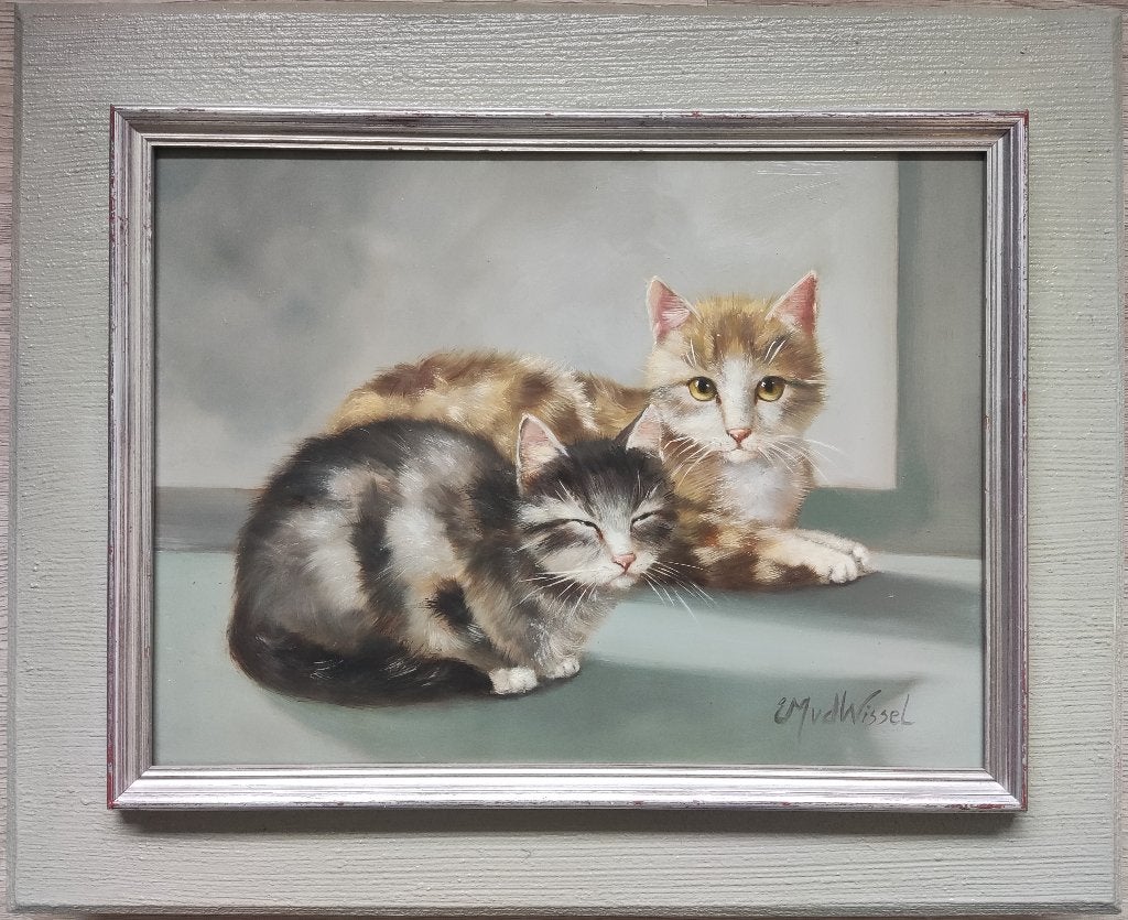 Edith Jansen van der Wissel (1944) - Twee poezen (1990), Paneel, Dieren, Ophalen of Verzenden, Gesigneerd