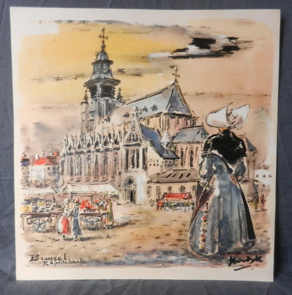 Kleurenlitho met zwart Brussel Kapellekerk Gerard Hordijk, Ophalen of Verzenden