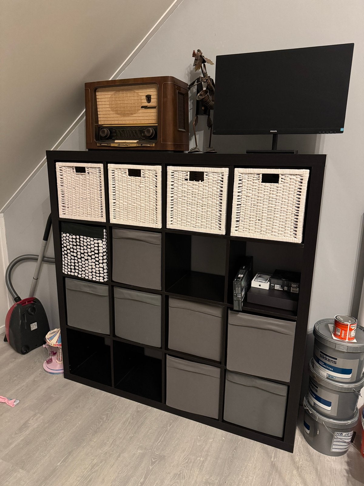 Ikea Kallax kast 4x4 zwart. Incl diverse bakken., Ophalen, Zo goed als nieuw, Minder dan 150 cm, Minder dan 100 cm