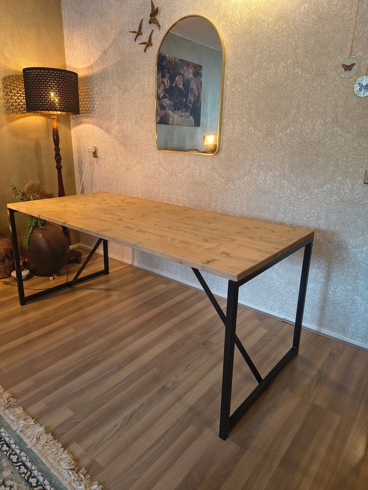 Houten 6 persoons Eettafel met Metalen Poten (180 x 80 cm), Gebruikt, 50 tot 100 cm, Vijf personen of meer, 150 tot 200 cm