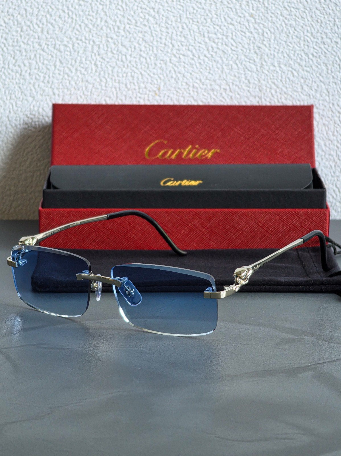 Cartier Panthère Zonnebrillen Zilver & Blauwe Glazen, Sieraden, Tassen en Uiterlijk, Zonnebrillen en Brillen | Heren, Overige merken