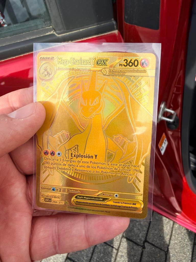 Mega Charizard Y EX Gouden Pokémon Kaart (Spaans), Ophalen of Verzenden, Zo goed als nieuw, Losse kaart, Foil
