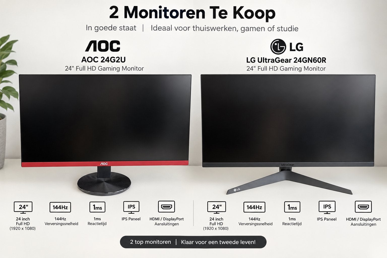 2 Gaming Monitoren: AOC 24G2U & LG UltraGear 24GN60R, Computers en Software, Gaming, IPS, 101 t/m 150 Hz, Full HD