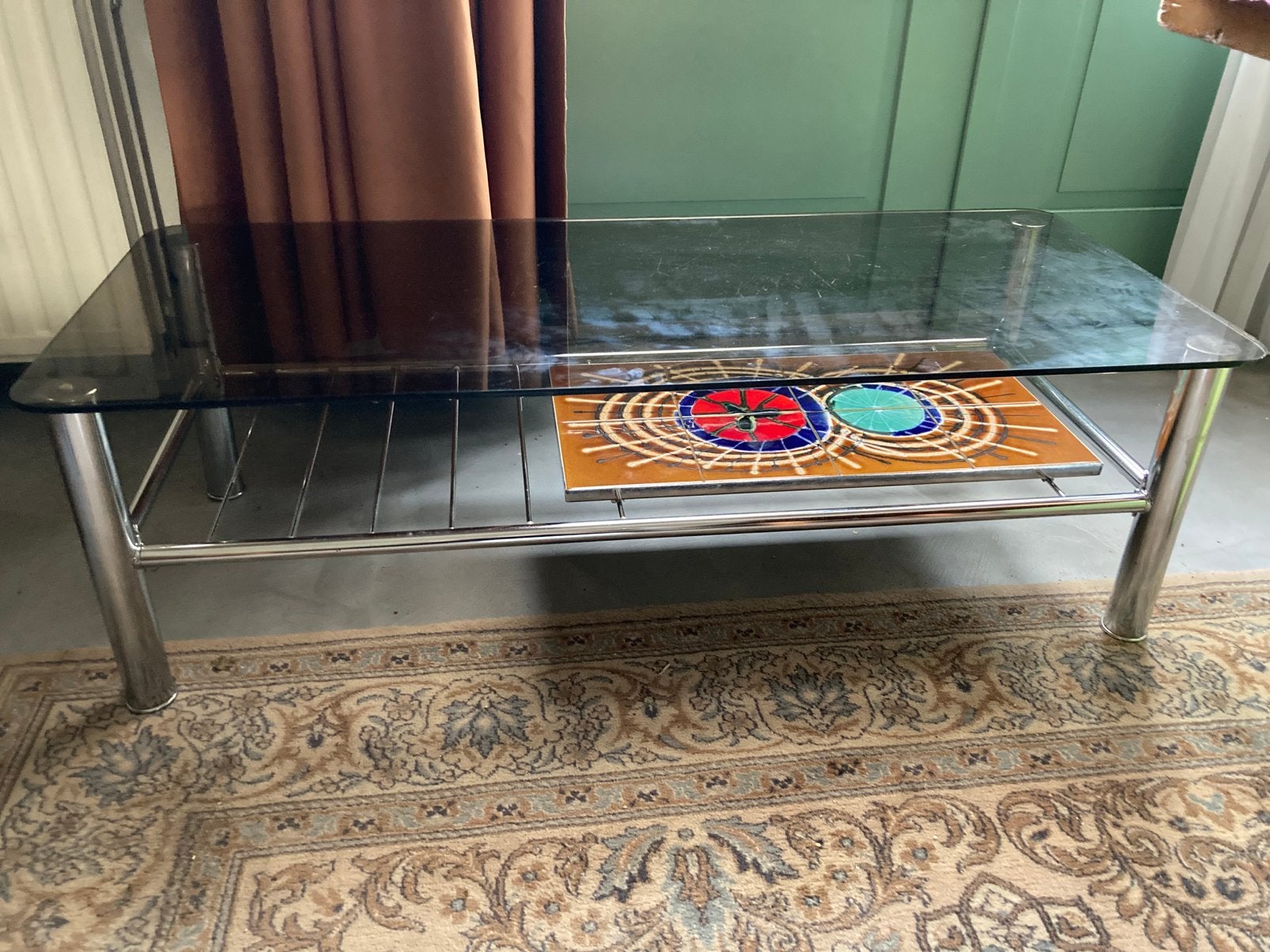 Vintage design salontafel - rookglas, Huis en Inrichting, Ophalen, 100 tot 150 cm, 50 tot 100 cm, Zo goed als nieuw