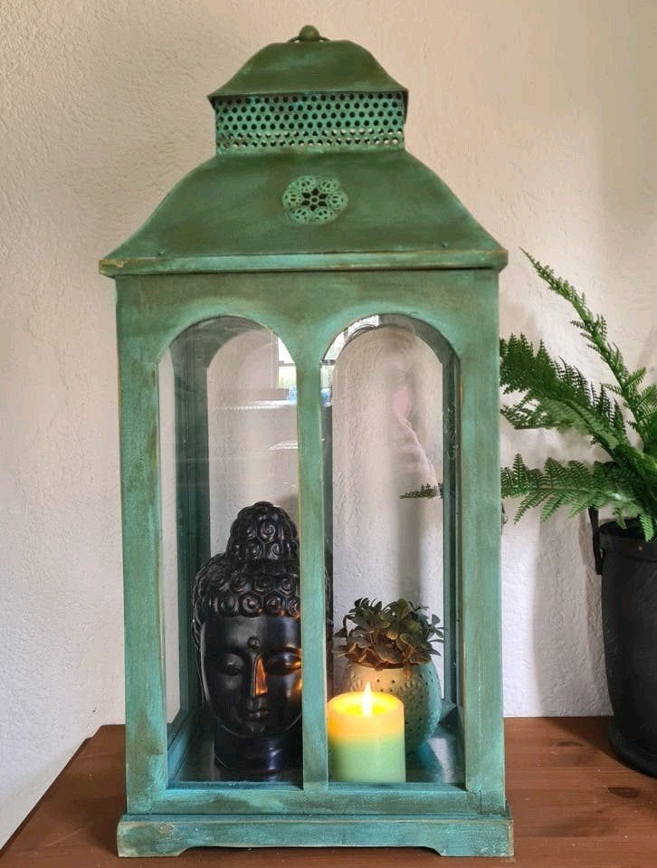 XL lantaarn windlicht vitrine 75 cm groen turquoise, Huis en Inrichting, Lantaarn, Nieuw, Ophalen of Verzenden, 75 cm