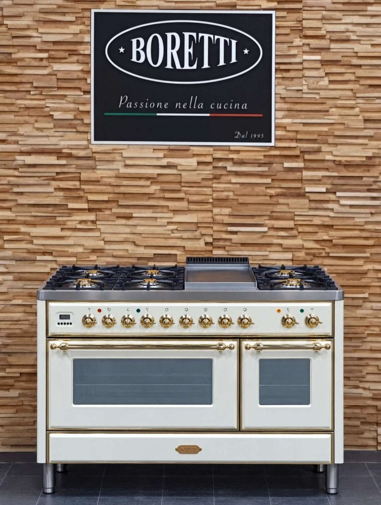 Luxe Boretti Majestic Fornuis 121cm crème + messing frytop, Niet ingevuld, 60 cm of meer, Niet ingevuld, Ophalen of Verzenden