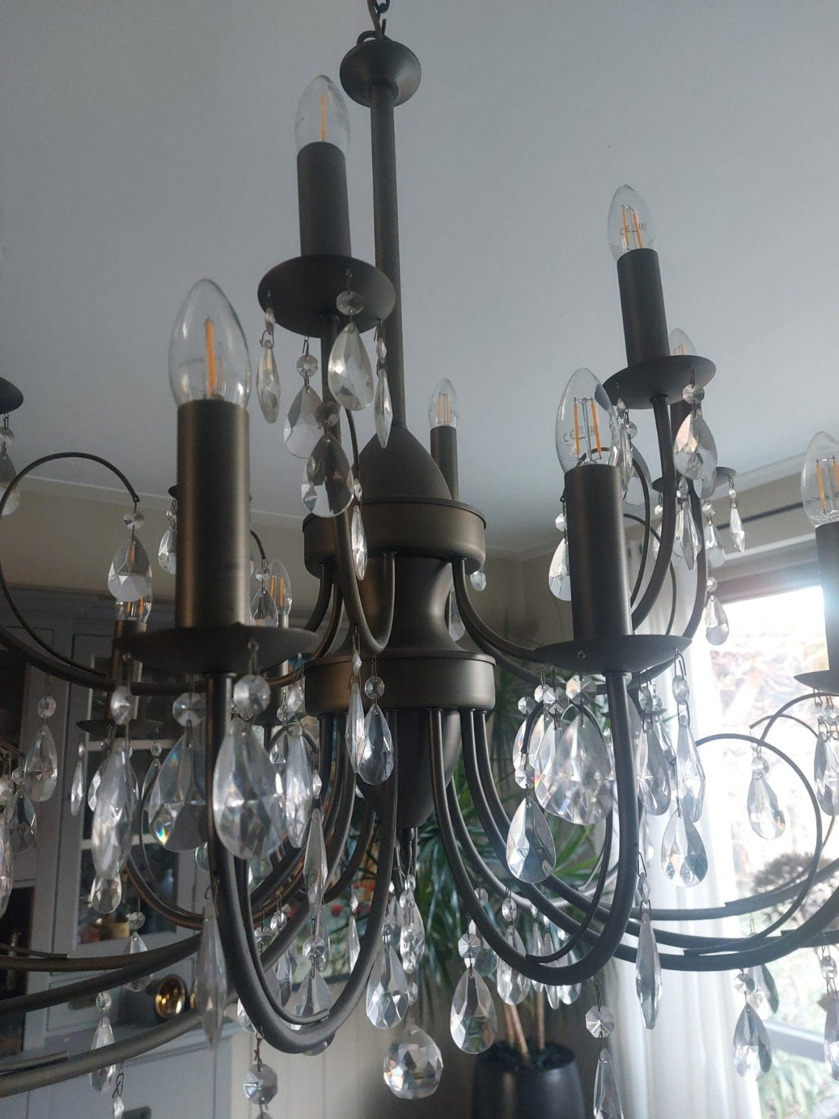 Bronzen Kroonluchter met Kristallen Hangers, Ophalen of Verzenden, Gebruikt, Glas, Klassiek, Luxe