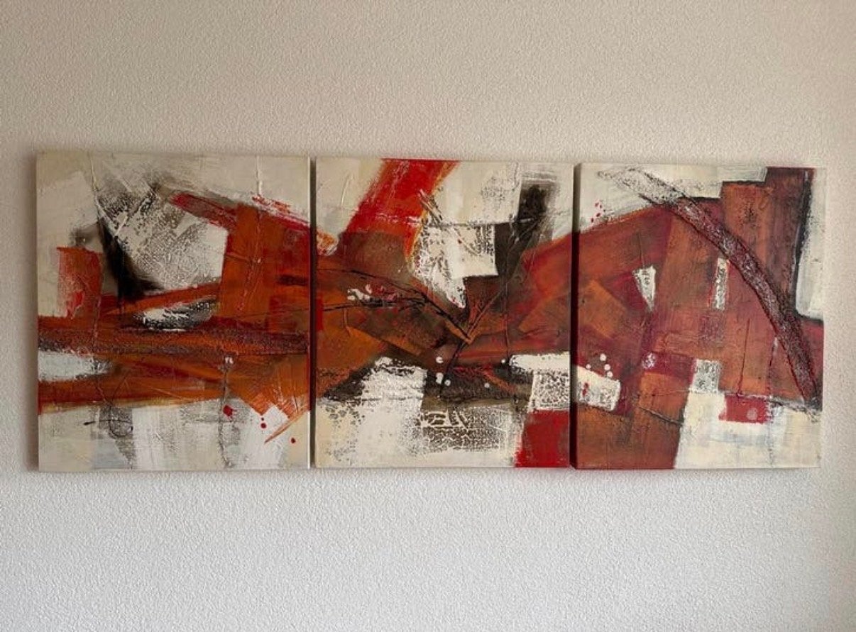 Abstracte drieluik schilderijen - Rood, Oranje, Wit, Antiek en Kunst, Kunst | Schilderijen | Abstract, Ophalen