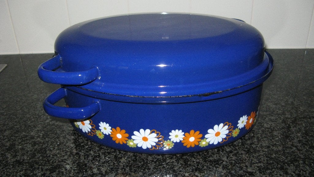 retro Emaille Braadpan, Huis en Inrichting, Keuken | Potten en Pannen, Gebruikt, Braadpan, Met deksel, Ophalen of Verzenden