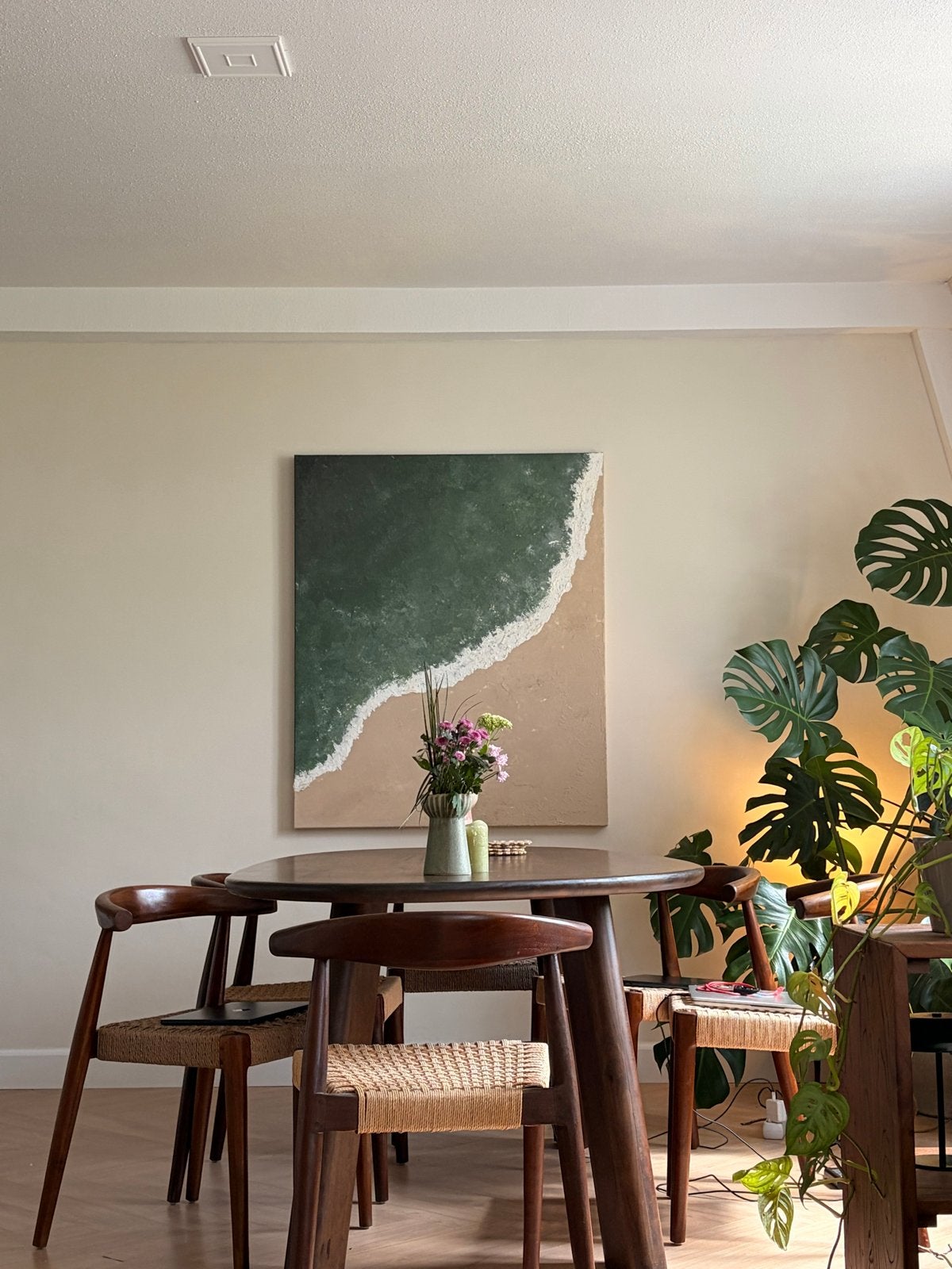 Hand- painted Schilderij Strand Zee 100x120cm, Landschap, Acrylverf, Met textuur, Ophalen of Verzenden