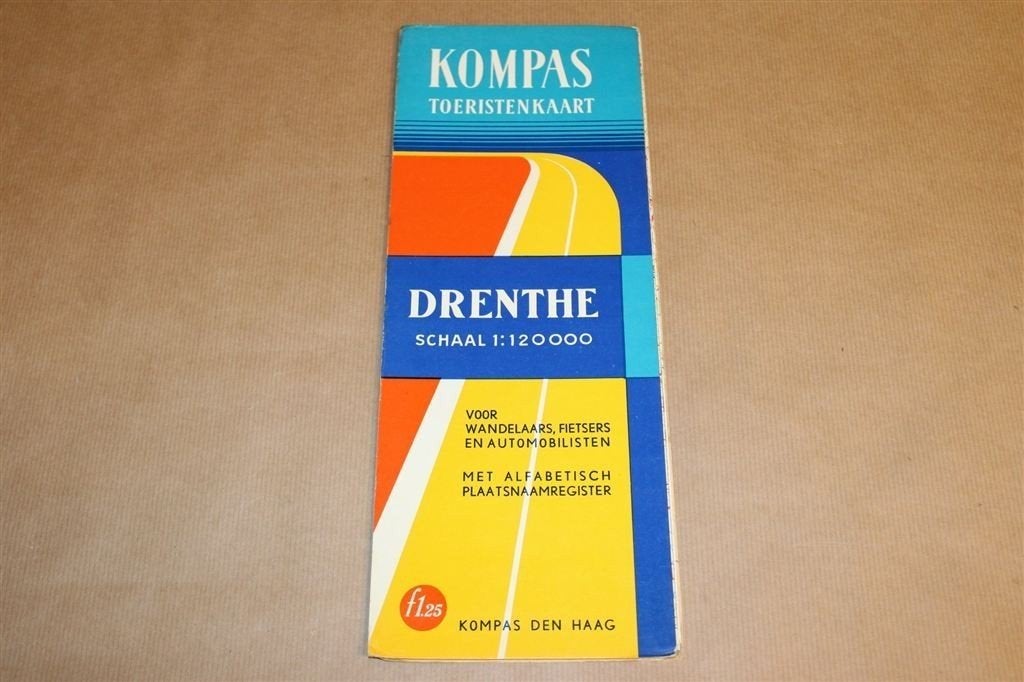 Oude Toeristenkaart Drenthe [Ca. 1950] — Kompas, Gelezen, Ophalen of Verzenden, Landkaart, 1800 tot 2000