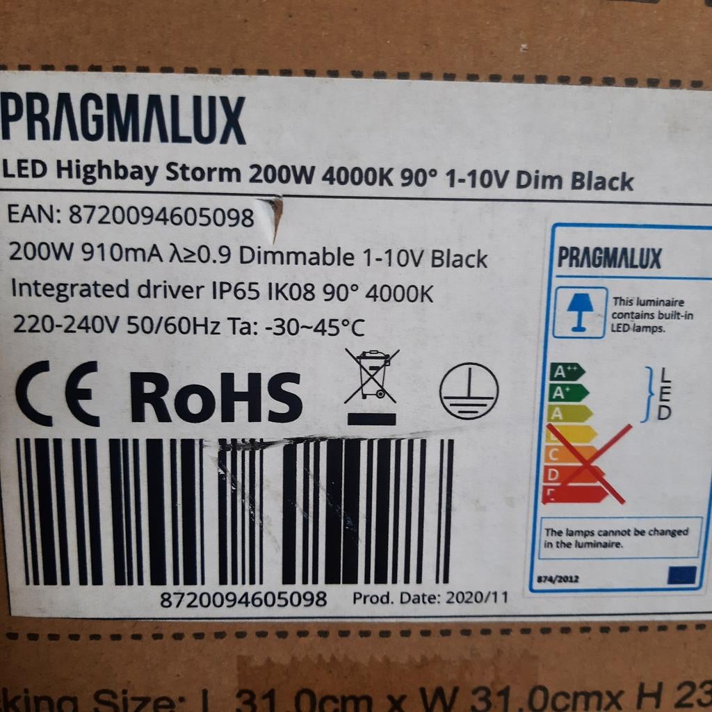 PRAGMALUX LED Highbay Storm 200W 4000K Dimbaar Zwart, Ophalen of Verzenden, Nieuw, Industrieel, Minder dan 50 cm