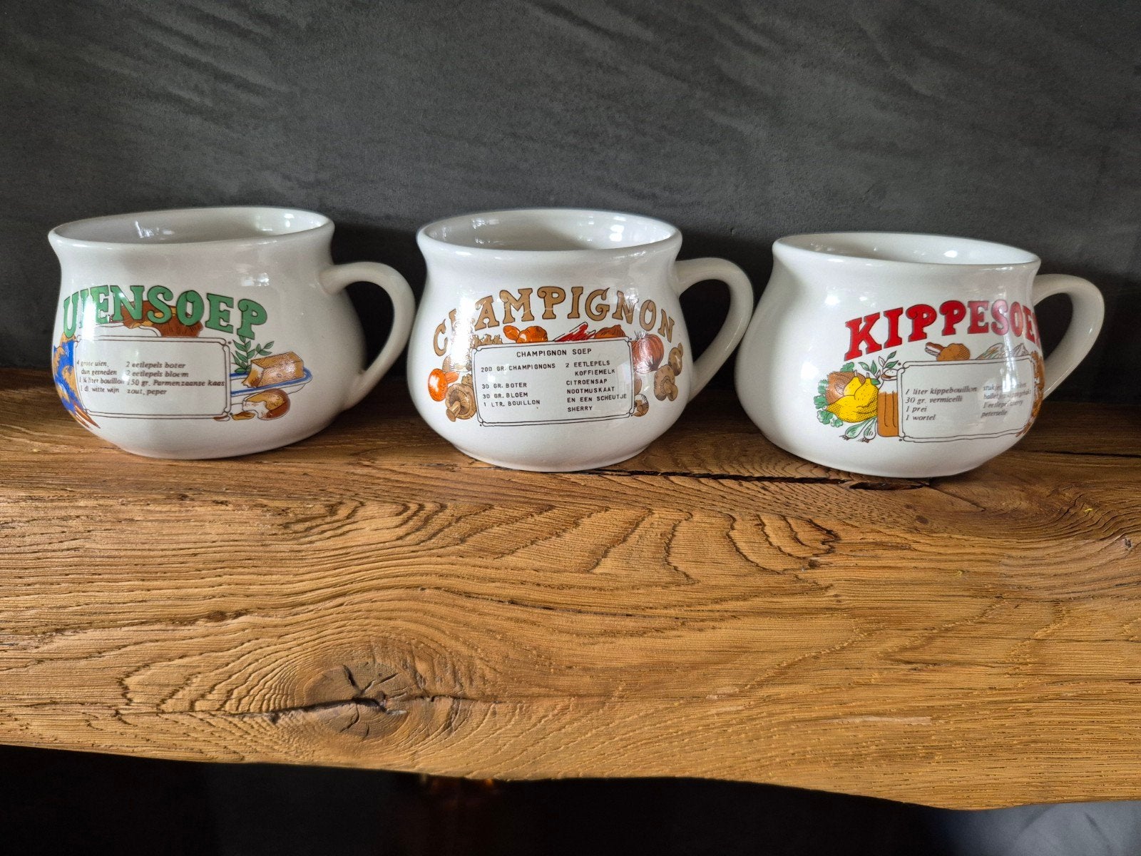 set van 3 vintage soepkommen met opdruk van een recept, Verzamelen, Ophalen of Verzenden, Huis en Inrichting