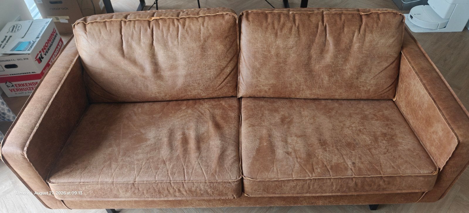 WOOOD Rodeo 3-zits bank + hocker | eco-leer cognac, Huis en Inrichting, Gebruikt, Driepersoons, Ophalen of Verzenden, Rechte bank