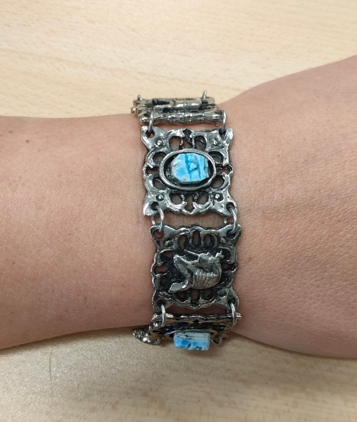 Vintage jaren '70 - '80 zilverkl. scarabee schakel armband., Ophalen of Verzenden, Gebruikt