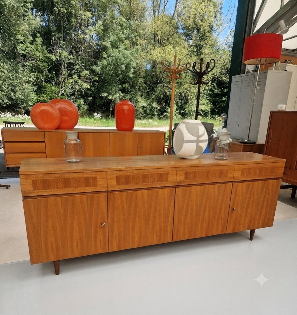Vintage dressoir met vier laden met mooi motief, 200cm, Ophalen, Met deur(en), ., 200 cm of meer