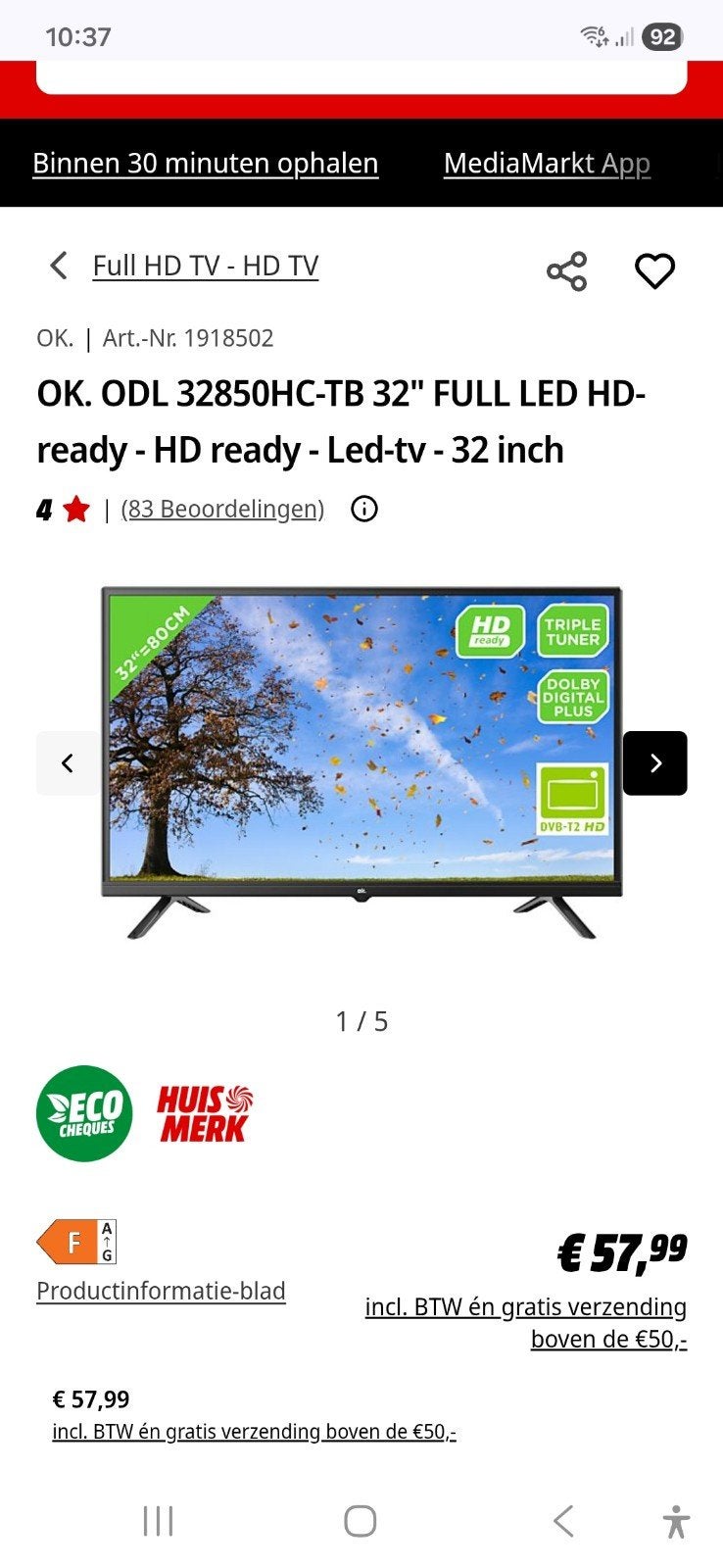 OK Led backlighting TV 32 inch, Ophalen, 80 tot 100 cm, 50 Hz, Overige merken