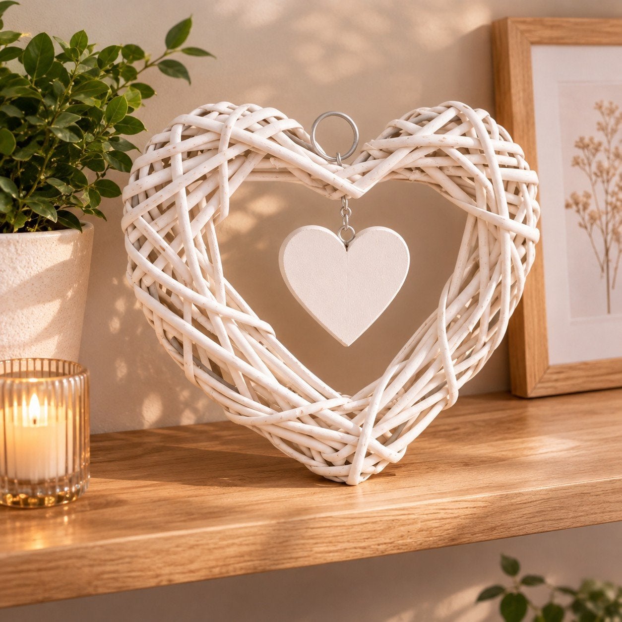 Rieten Decoratiehart met Hangend Hartje, Ophalen of Verzenden, Natuurlijk materiaal, Wit, Landelijk