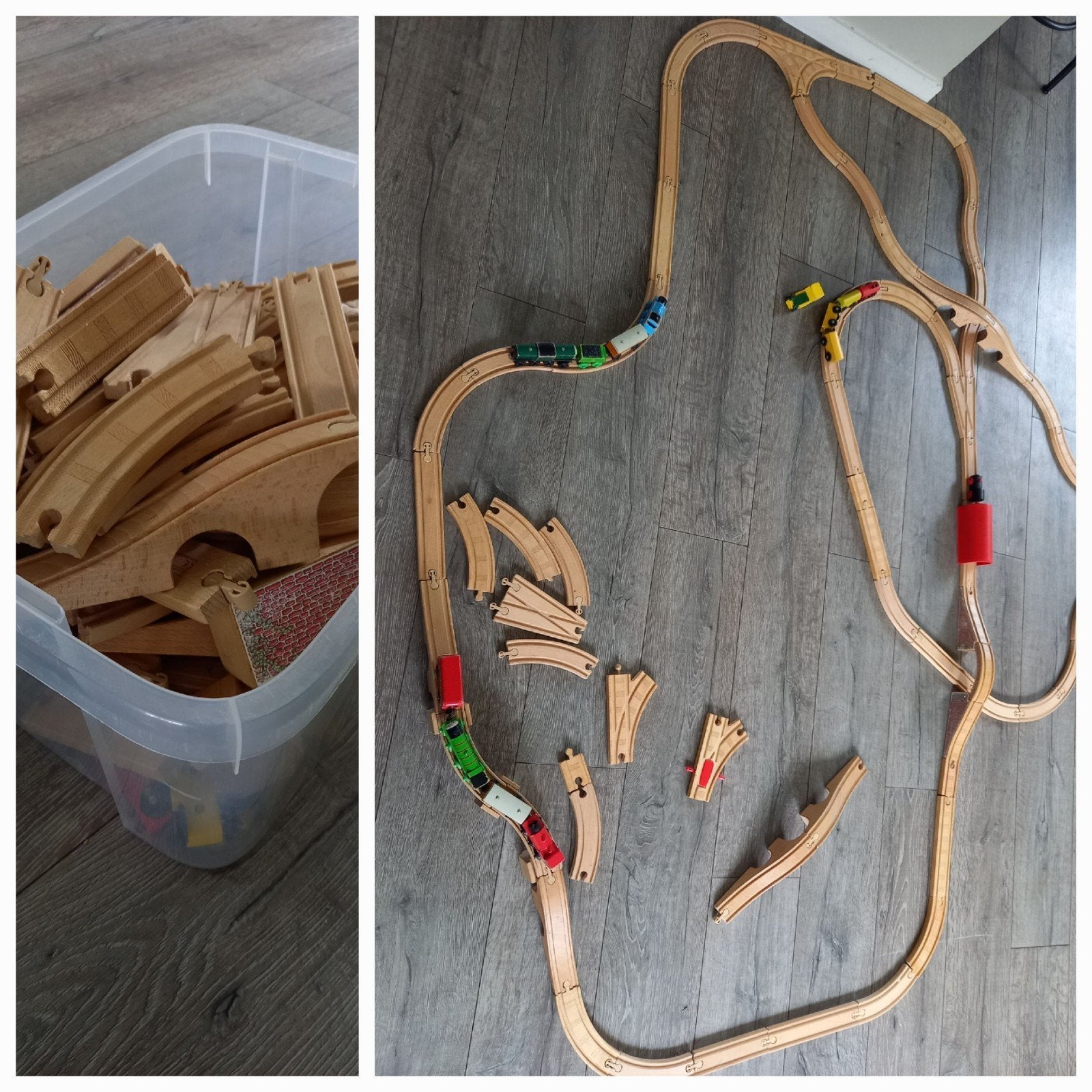 Houten treinspoor(delen) en allerlei wagons. Grote bak vol., Ophalen of Verzenden, Gebruikt