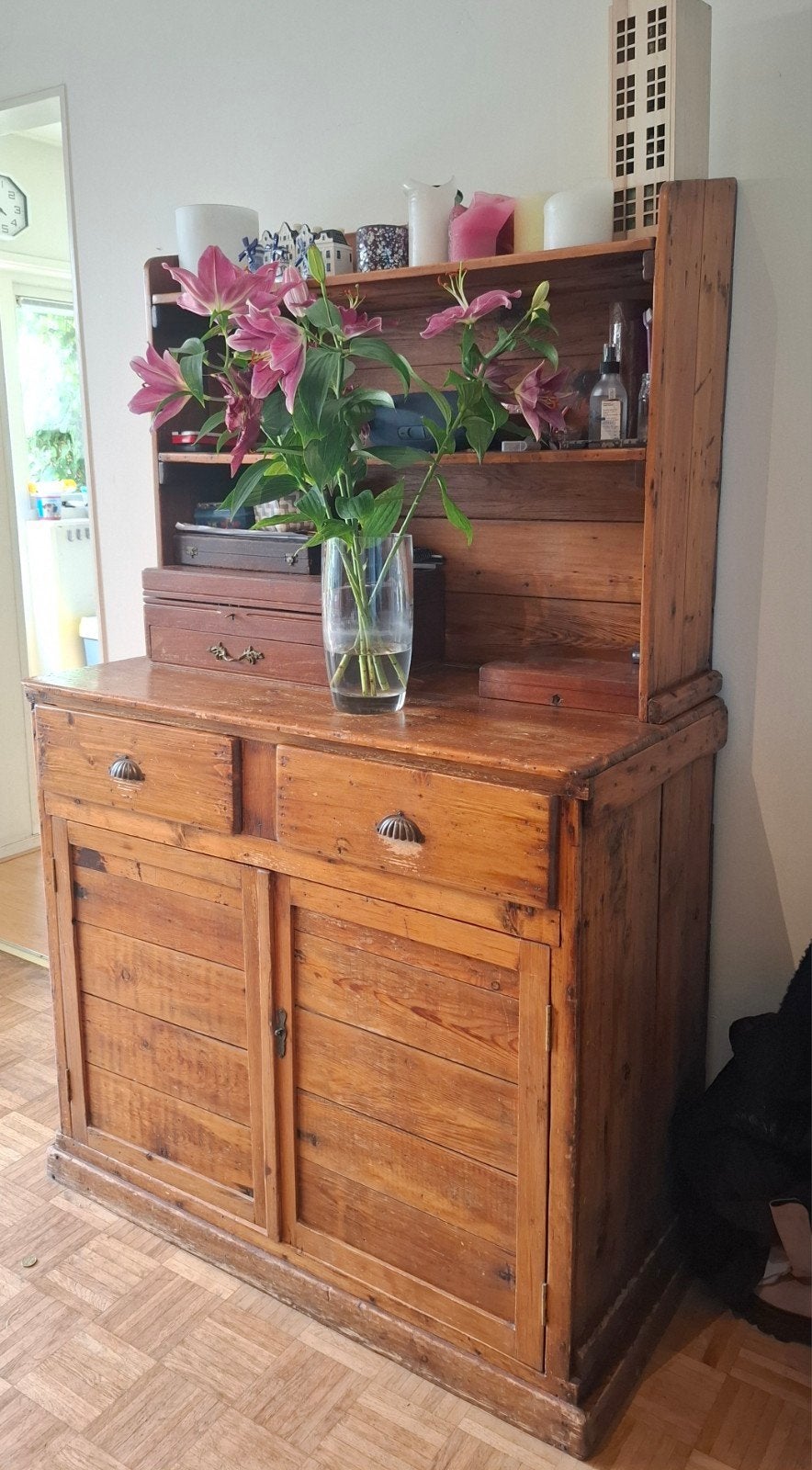 Antieke houten kast met opbouw - Landelijke stijl, Antiek en Kunst, Antiek | Meubels | Kasten, Ophalen of Verzenden