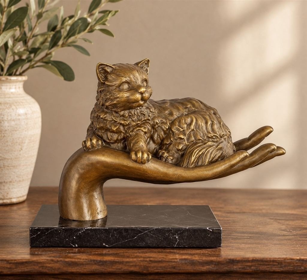 bronzen poes op marmeren console, Ophalen of Verzenden