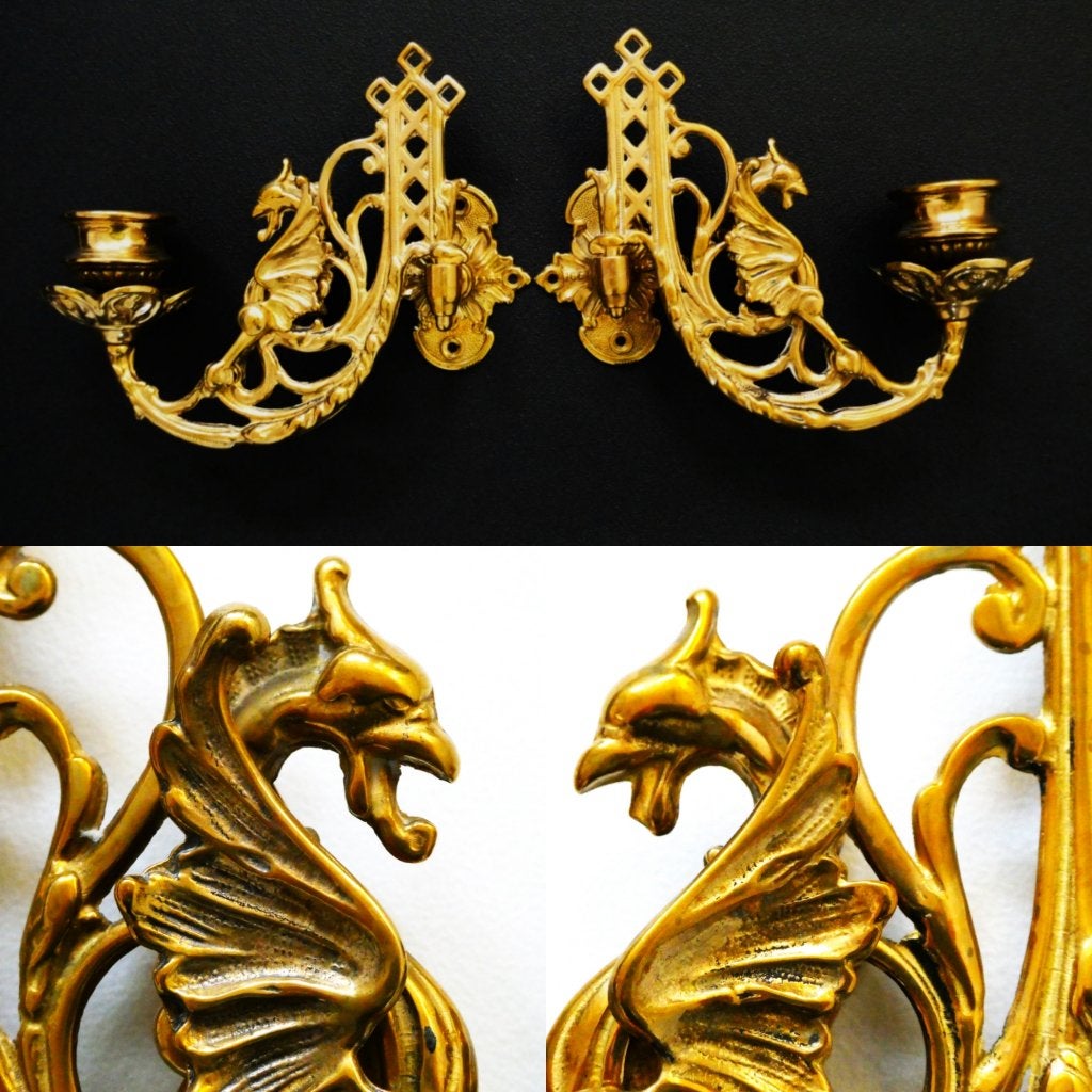 2 Wandkandelaars / pianokandelaars kandelaar met griffioen, Antiek en Kunst, Ophalen of Verzenden, Koper of Brons