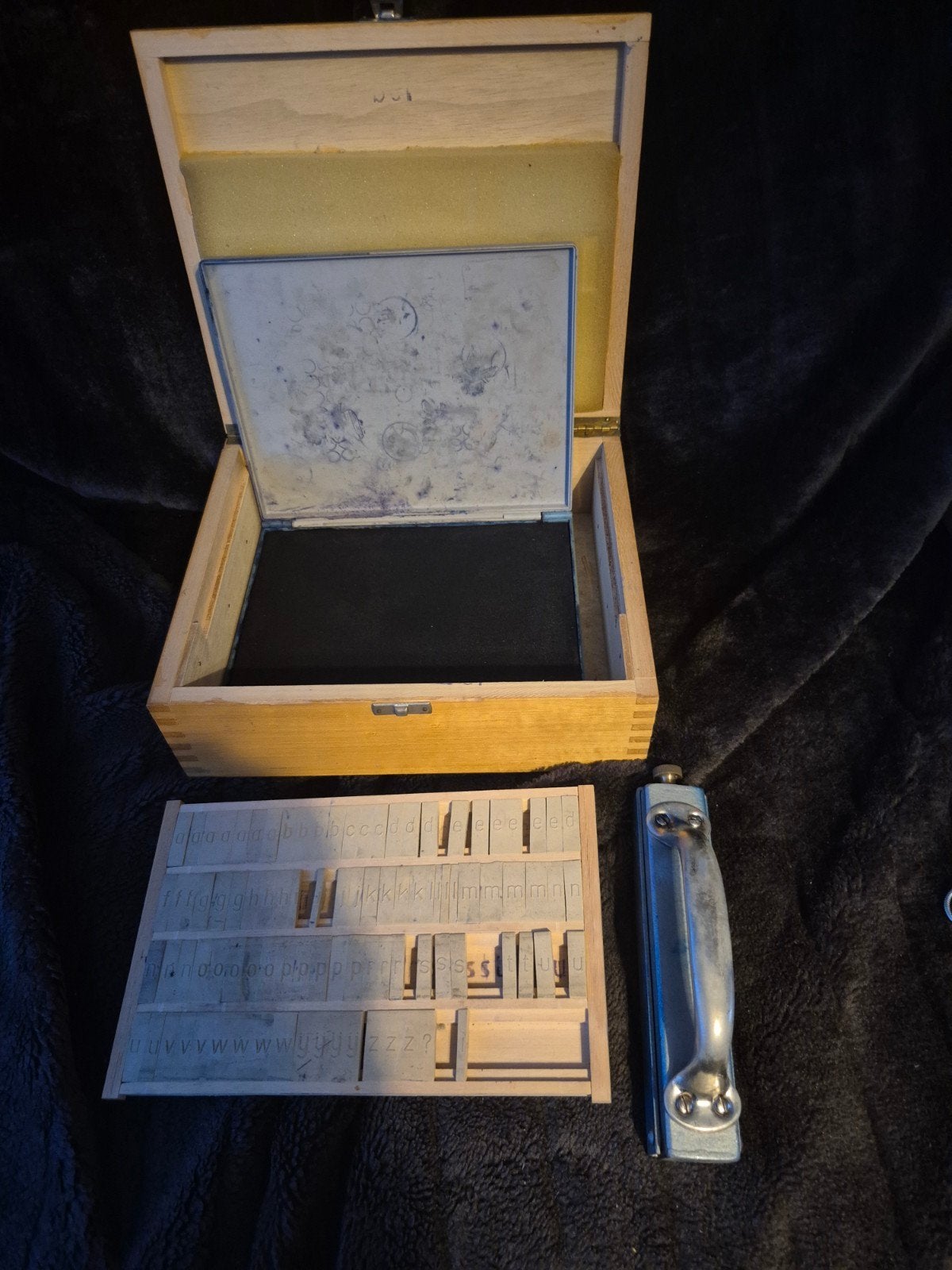 Vintage Stempelset met Houten Doos en Handvat, Ophalen of Verzenden