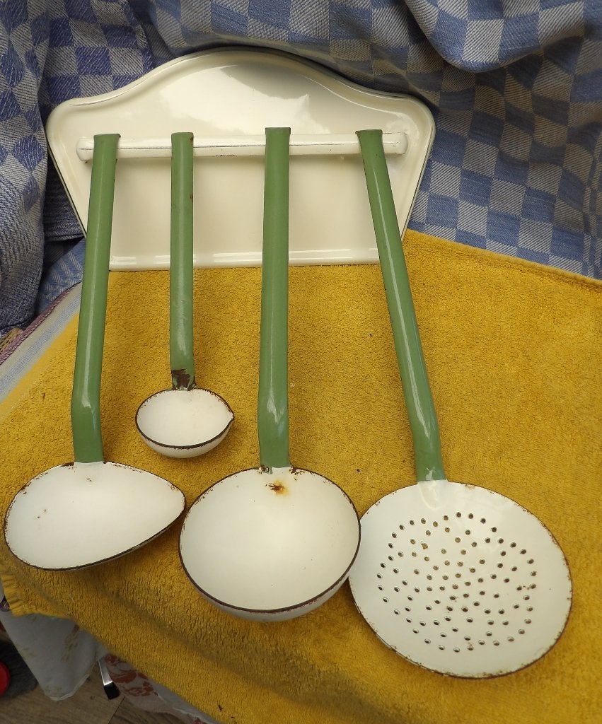emaille Lepelrek/ lepelrek met lepels email/ keukenrekje, Antiek en Kunst, Ophalen of Verzenden