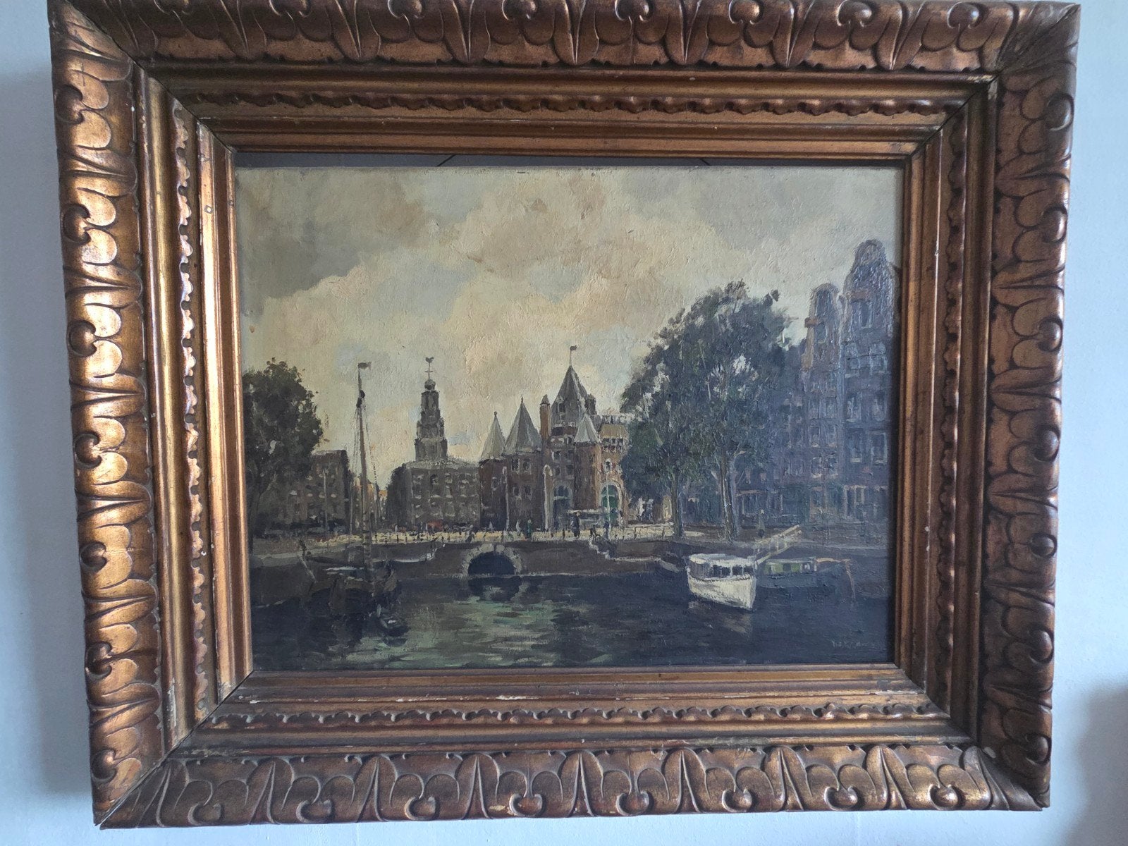 Olieverfschilderij: Stadsgezicht met gracht en boten, Antiek en Kunst, Ophalen