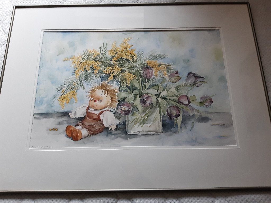 Aquarel/Schilderij Annemie Bussers. Pop met bloemen 70 x 95, Ophalen, 50 – 75, Oorspronkelijke maker, Zo goed als nieuw