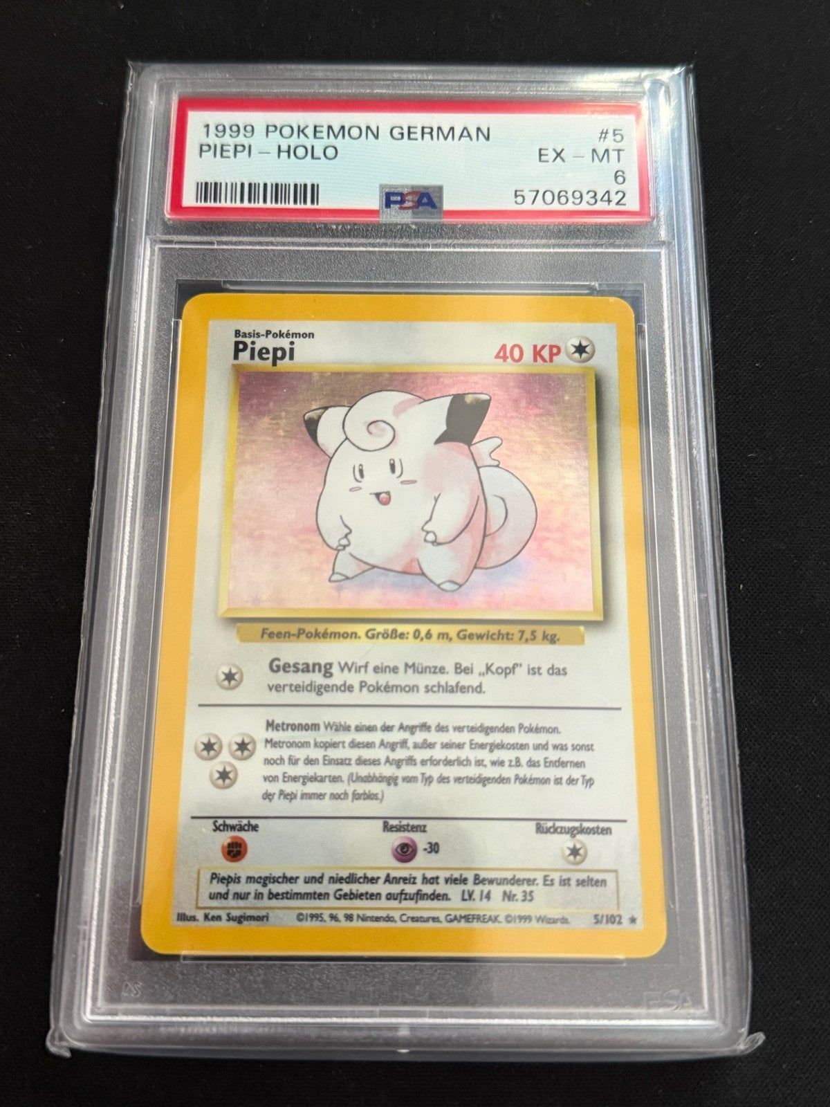 PSA 6 1999 Pokemon German Piepi Holo #5 EX-MT, Ophalen of Verzenden, Zo goed als nieuw, Losse kaart