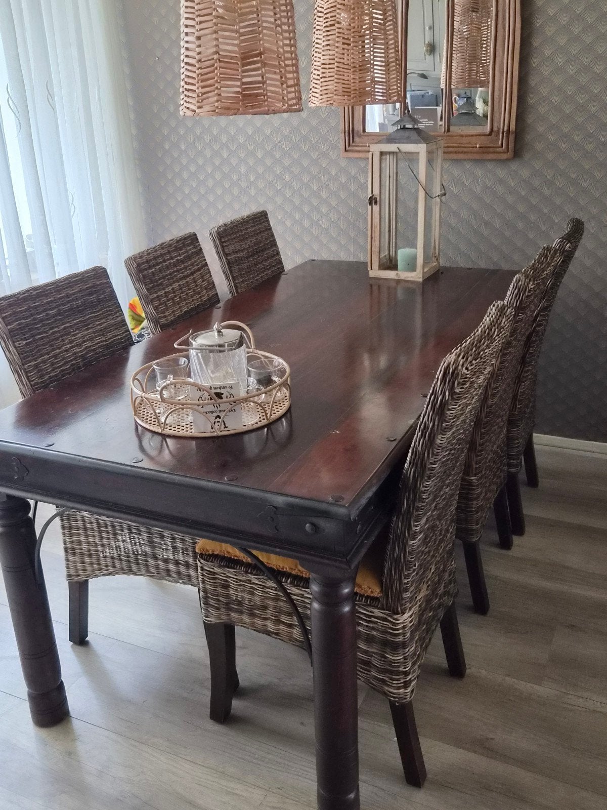Koloniale eethoek met 6 rotan stoelen, Ophalen, Gebruikt, Hout, Vijf, Zes of meer stoelen