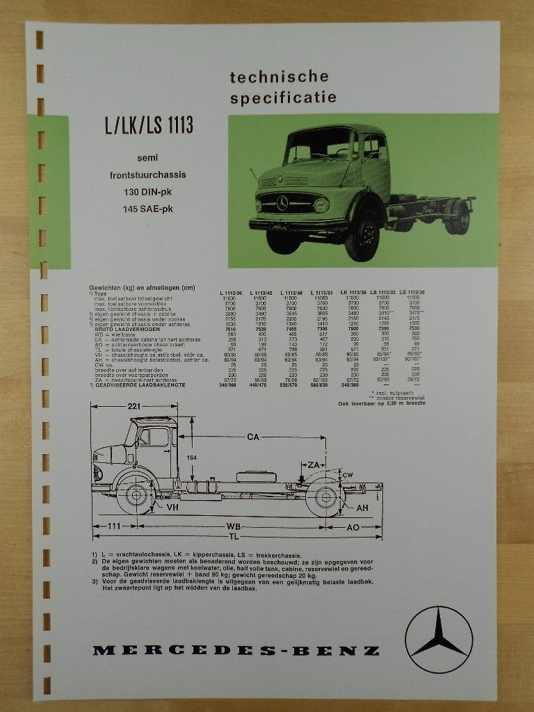 Mercedes 1113 L LK LS 1973 Torpedo Specificatie Brochure, Zo goed als nieuw, Mercedes-Benz, Mercedes, Ophalen of Verzenden