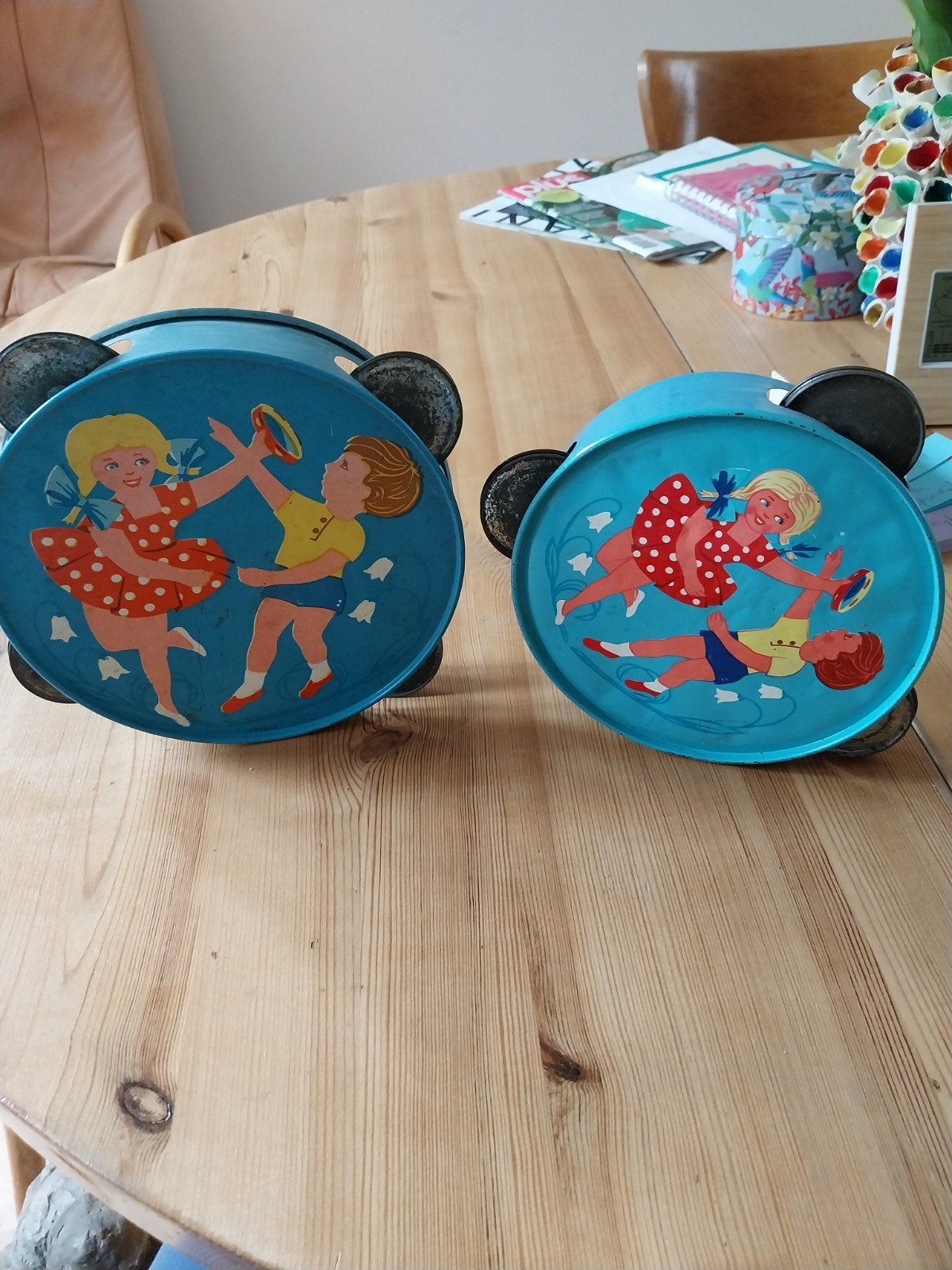 Vintage kinder tamboerijnen (2 stuks), Ophalen of Verzenden, Gebruikt, Trommel