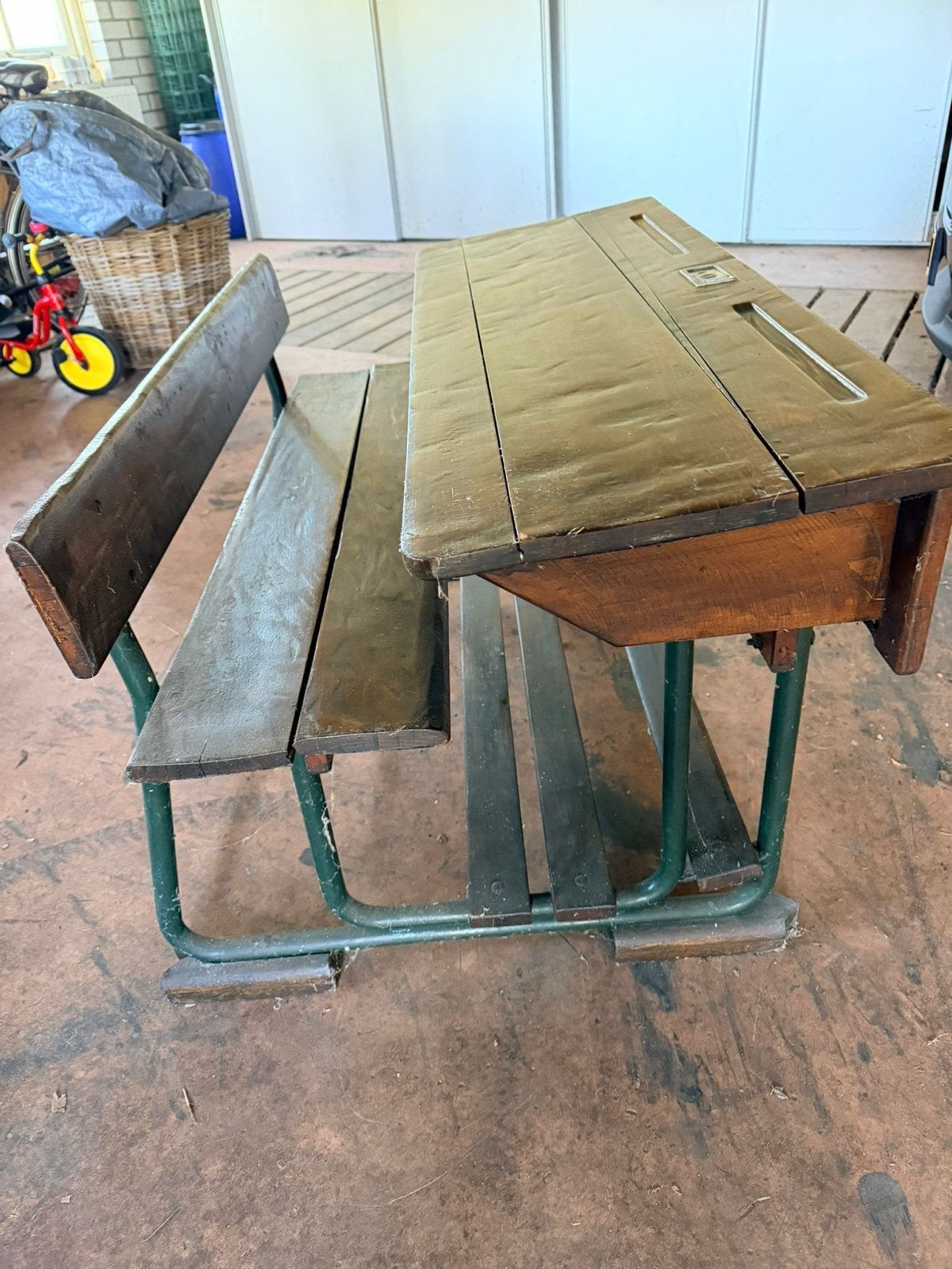 Vintage schoolbankje met bank - Hout en metaal, Ophalen