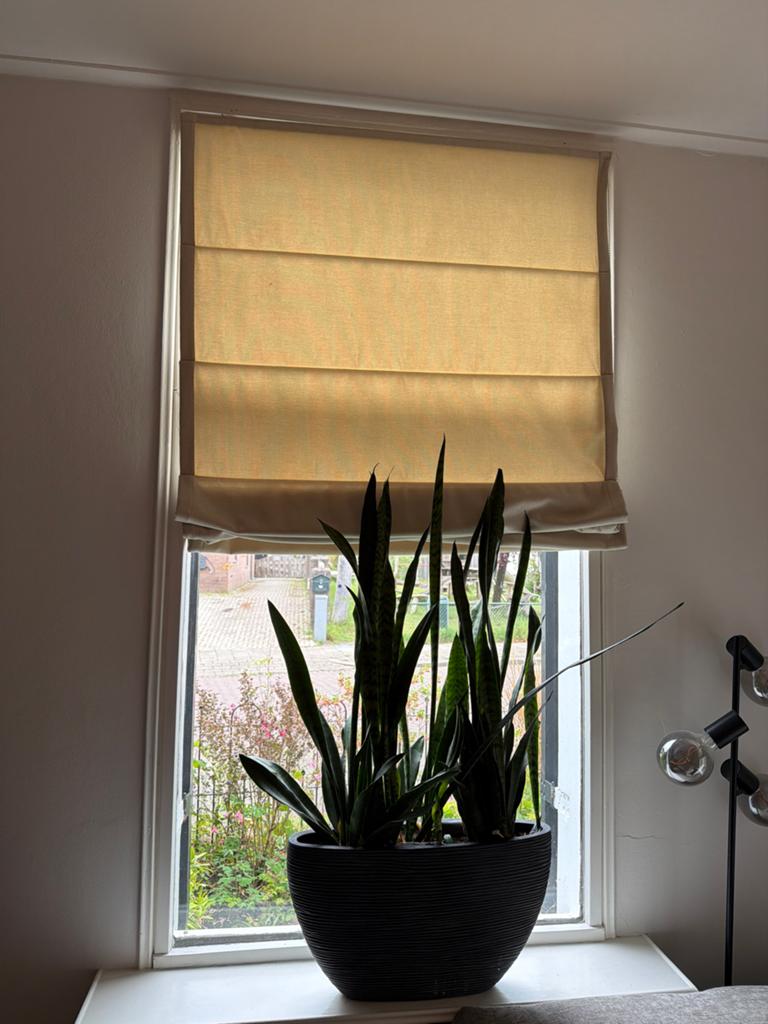 Meerdere beige lichtdoorlatende vouwgordijnen op maat, Huis en Inrichting, Stoffering | Gordijnen en Lamellen, Ophalen, Zo goed als nieuw