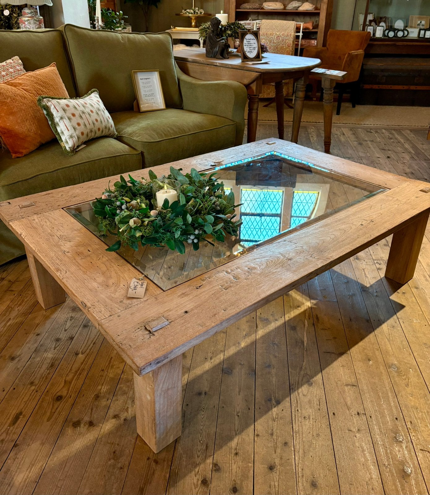 Mooie houten salontafel met facet geslepen glas, Ophalen, 100 tot 150 cm, Il fienile, Rechthoekig