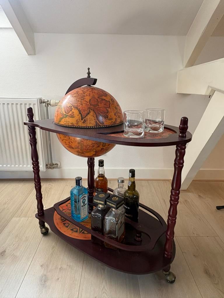 Drank Kabinet Wereldbol op Wielen - Vintage Stijl, Ophalen, Gebruikt, Bruin, Vintage