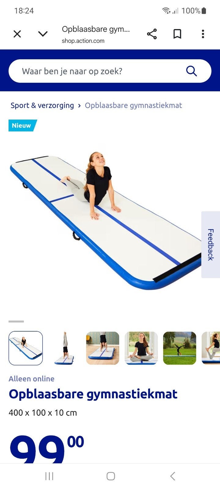 Opblaasbare airtrack/ gymnastiekmat 400x100x10 cm, Sport en Fitness, Fitnessmaterialen, Ophalen, Zo goed als nieuw, Fitnessmat