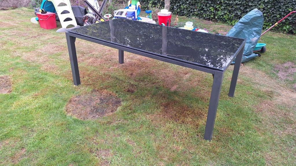 Bellagio tuintafel 180x90 cm met glazen blad, Tuin en Terras, Tuintafels, Ophalen of Verzenden, Gebruikt, Rechthoekig, Metaal