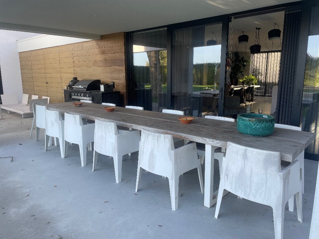 Buitentafel met 12 stoelen, Tuin en Terras, Ophalen, Gebruikt, Eettafel, Meer dan 8 zitplaatsen
