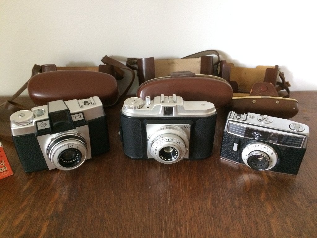3 originele Agfa cameraatjes in leren tasjes vintage jaren60, Ophalen of Verzenden, Gebruikt, Compact, Overige Merken