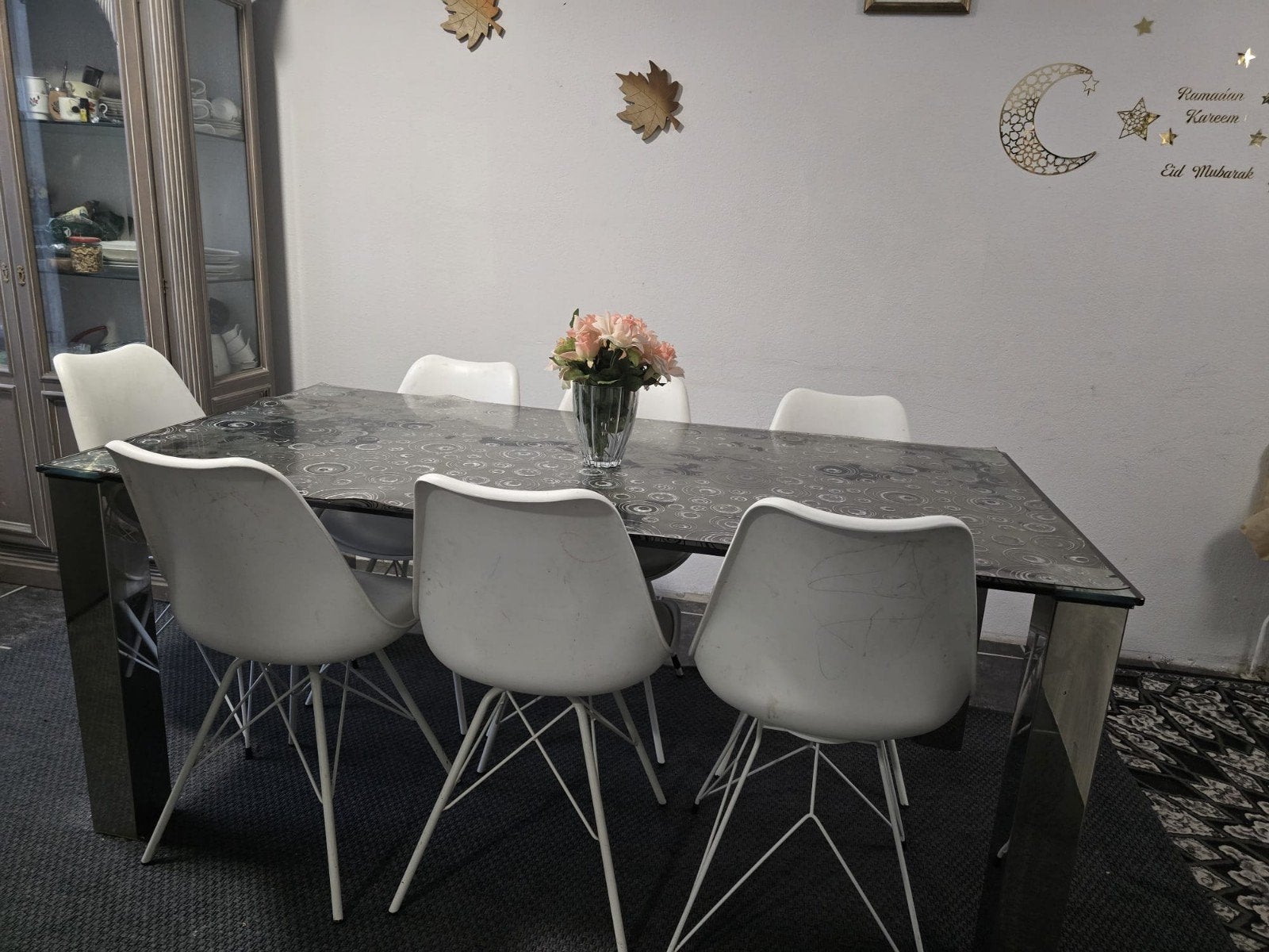 Moderne eettafel met 6 stoelen, Huis en Inrichting, Gebruikt, Vijf personen of meer, Glas, 150 tot 200 cm